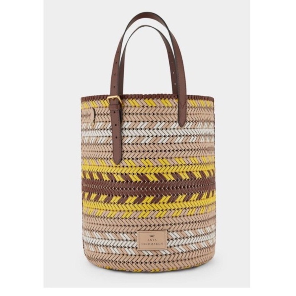 NWT New Anya Hindmarch Neeson‎ Zigzag Cylinder Tote Woven Leather Bag yellow tan